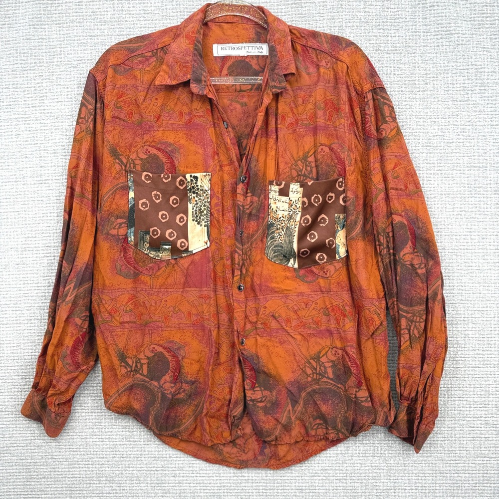 Retrospettiva Italy Orange Art Boho Long Sleeve Shirt Women's Sz M‎ Y2K Fairy